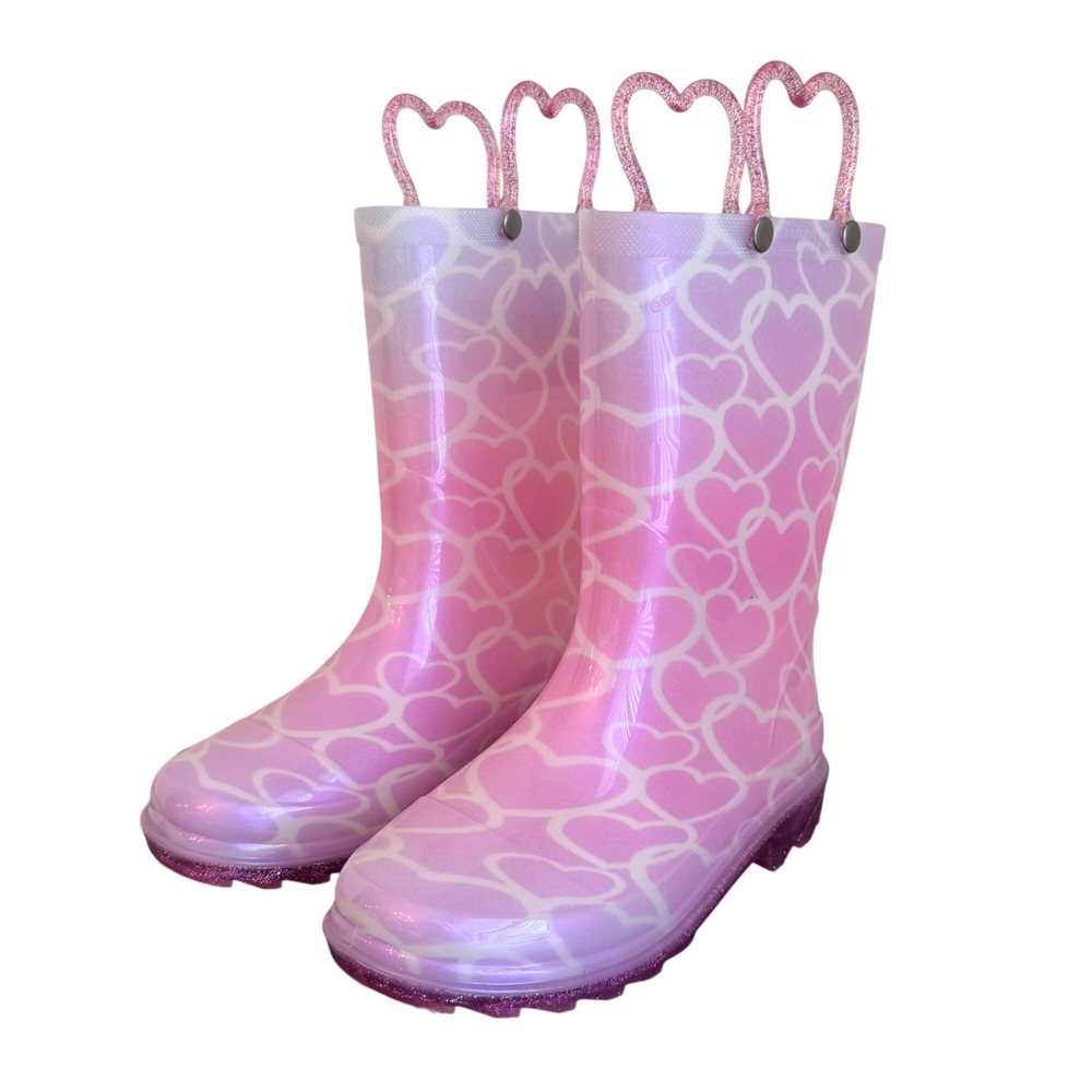 Western Chief Abby Rain Boots Kids 12 Pink Pearlized Glitter Hearts Lighted